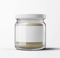 Clear glass jar with blank label, filled with beige substance.