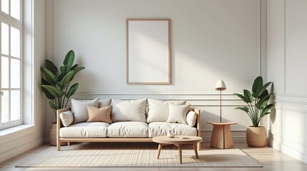 Modern Boho living room interior style. Empty wall mock up. Wall art. wall background. 3d rendering, 3d illustration