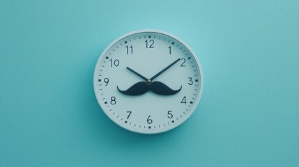 Vintage Clock with Black Mustache Design on Blue Wall Background