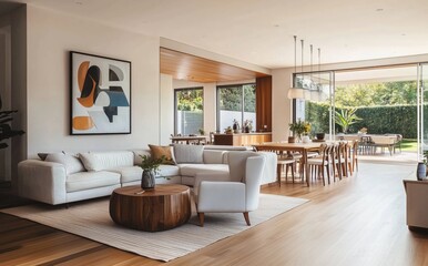Fototapeta premium Stylish Modern Living Room with Open Layout and Natural Light Streaming In 