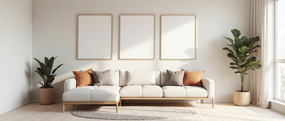 Modern Boho living room interior style. Empty wall mock up. Wall art. wall background. 3d rendering, 3d illustration