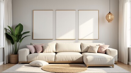 Fototapeta premium Modern Boho living room interior style. Empty wall mock up. Wall art. wall background. 3d rendering, 3d illustration