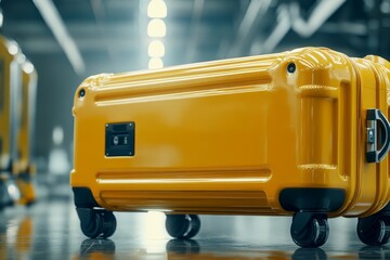 Yellow suitcase on wheels in airport.