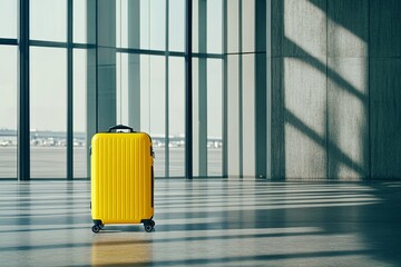 Yellow suitcase in modern airport terminal. (2)