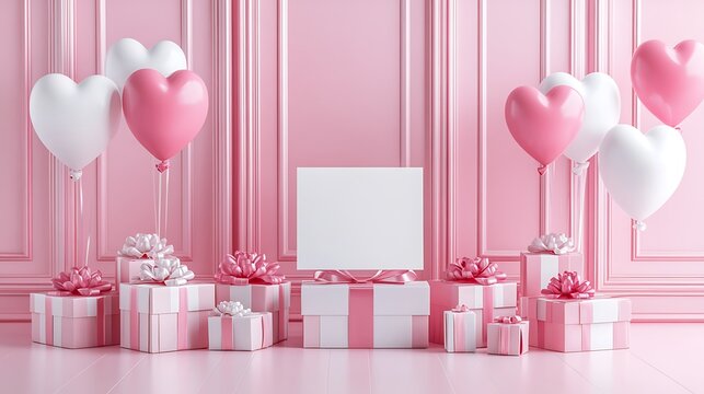 Pink Gifts Balloons Valentines Day Background Mockup