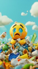 Sad Emoji Drowned in Plastic Waste: A 3D Render Depicting Environmental Pollution and its Impact