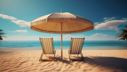 A tranquil beach scene featuring two deck chairs under a large umbrella, surrounded by soft sand and a calm sea under a clear blue sky.