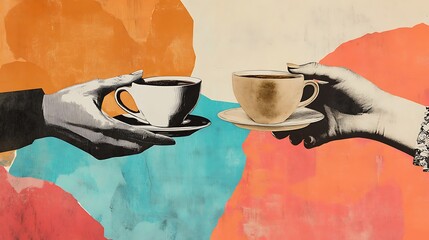 Modern art collage featuring two hands in a minimalist or pop-art style. One hand is holding a coffee cup, while the other hand is holding a teacup. Incorporate layered paper textures, bold 