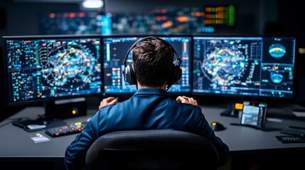 A focused operator analyzing data on multiple screens in a high-tech control room at night