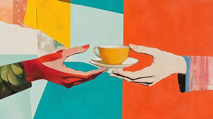 Modern art collage featuring two hands in a minimalist or pop-art style. One hand is holding a coffee cup, while the other hand is holding a teacup. Incorporate layered paper textures, bold 