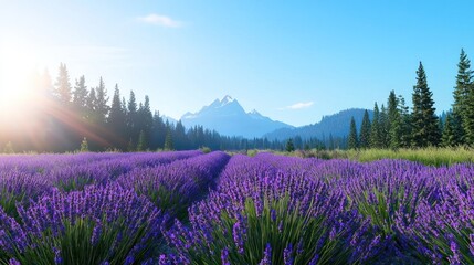 Naklejka premium Scenic lavender field with mountains and blue sky.