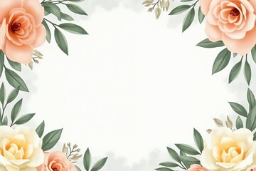 A pastel-themed invitation with soft peach, cream, and pale yellow flowers arranged around the edges