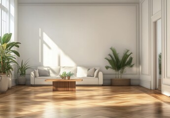 Stylish Living Room with Cozy Couch Bathed in Natural Light and Lush Indoor Plants
