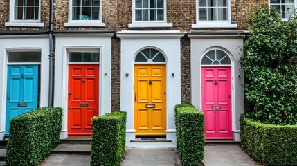 Colorful London Row Houses, vibrant doors, hedges, street
