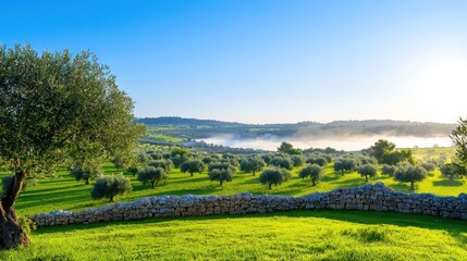 Obraz premium Serene landscape with olive trees and misty hills at sunrise.