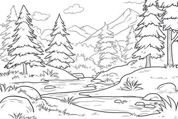 Obraz premium Serene Mountain Forest Landscape Coloring Page
