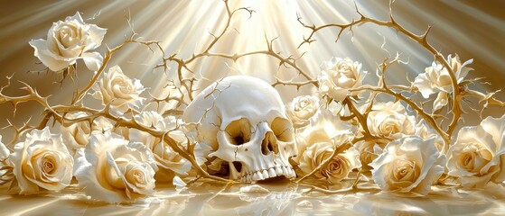 Mysterious skull surrounded by white roses ethereal light digital artwork dreamy atmosphere symbolism of mortality