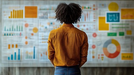 Person reviewing data charts on a wall.