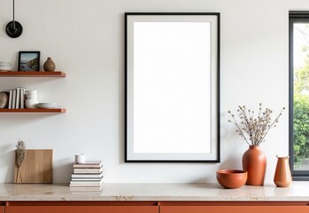 Elegant Kitchen Aesthetic with White and Terracotta Accents, Vertical Poster Art, and a Cozy, Lived-In Feel - A Modern Haven