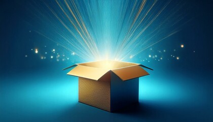 A glowing box emits radiant light, symbolizing surprise or discovery against a blue background.