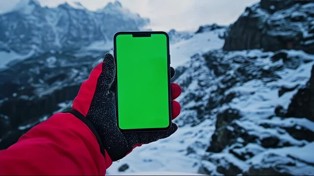 Red and black gloved hand holding a smartphone while standing on a snowcapped mountain. Smart phone screen is a chroma key green screen for replacement with ski app or map.