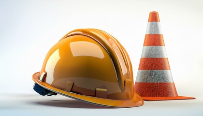 A hard hat and traffic cone are displayed together, symbolizing construction and safety in work environments.