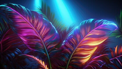 A vibrant, illuminated scene featuring colorful tropical leaves against a dark background, enhanced by dramatic lighting effects.