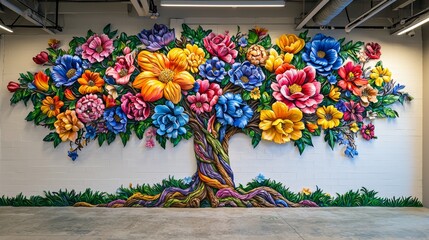 Vibrant Family Tree Mural Featuring Colorful Floral Elements and Artistic Design