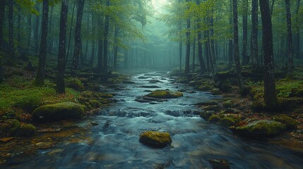 Obraz premium A serene forest scene with a flowing stream, surrounded by lush greenery and mist, evoking tranquility and nature's beauty.