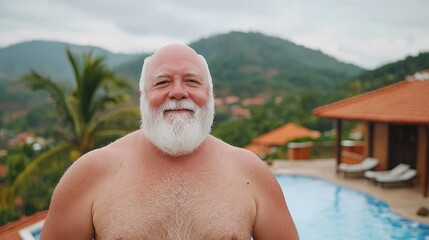 Naklejka premium Happy Elderly Man Enjoying a Refreshing Swim in a Beautiful Tropical Setting