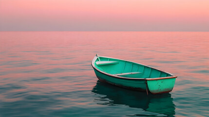 Fototapeta premium Serene Sunset Small Rowboat on Calm Water, small boat, teal boat, green boat, sea, ocean