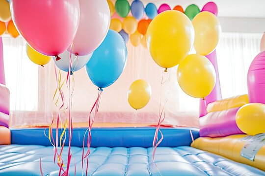 child birthday party setup with bouncy castle in background balloons and colorful streamers everywhere