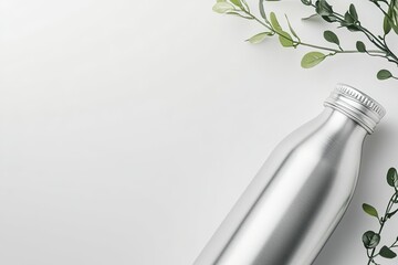 close-up of blank aluminum bottle mockup with sleek design placed on clean white surface
