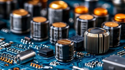Close-up of electronic components on a circuit board showcasing intricate details and textures