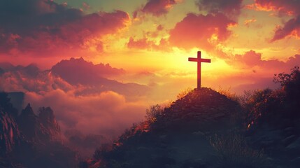 Fototapeta premium Empty Tomb With Crucifixion At Sunrise - Resurrection Concept