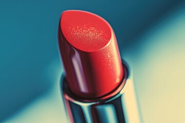 close-up of luxurious lipstick with its tip glowing under soft light set against clean minimalistic background