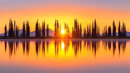 Obraz premium Serene Sunset Reflection Over Mountains with Fir Trees in a Tranquil Landscape