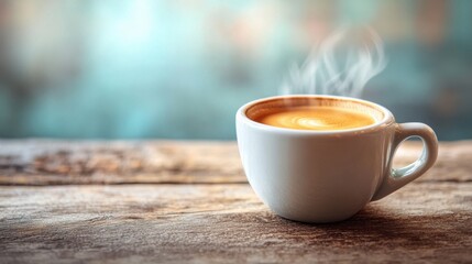 Obraz premium Steaming coffee on rustic table with blurred cozy cafe background