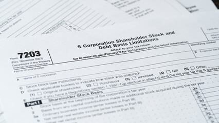 Fototapeta premium Form 7203, S Corporation Shareholder Stock and Debt Basis Limitations, Tax Document Close-Up
