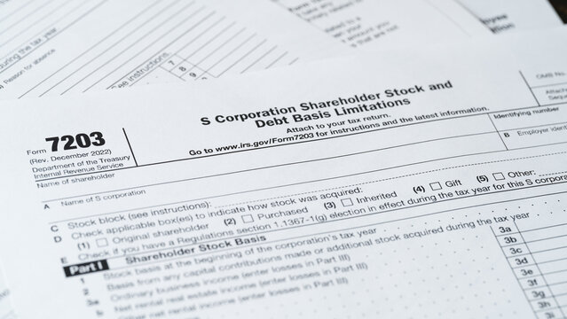 Form 7203, S Corporation Shareholder Stock and Debt Basis Limitations, Tax Document Close-Up