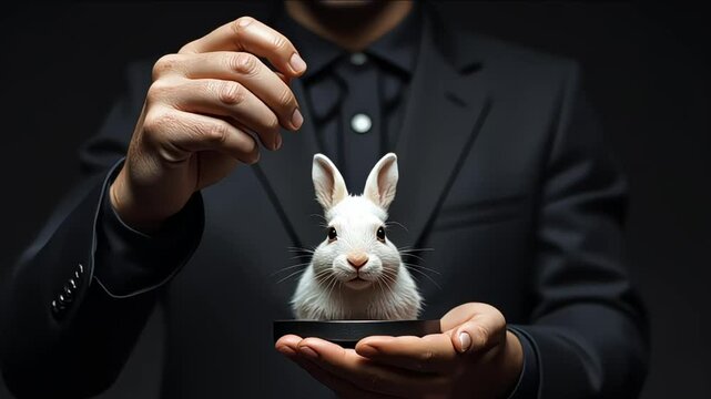 A magician takes out a white rabbit from a black hat on a black background