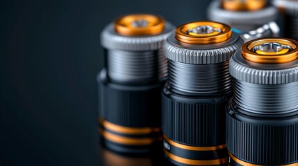 Close-up of high-quality camera lens caps with intricate design and metallic finish on a dark background