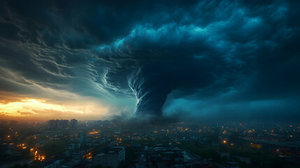 Apocalyptic Tornado Over City at Sunset, twister, hurricane, storm, cyclone, tempest