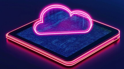 Neon Tablet Displaying Animated Cloud Icon with Digital Patterns and Bright Colors