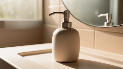 a ceramic soap dispenser with a matte finish and a simple, elegant design. The blurred backdrop shows a sunlit bathroom with soft beige tiles and a slightly fogged mirror.