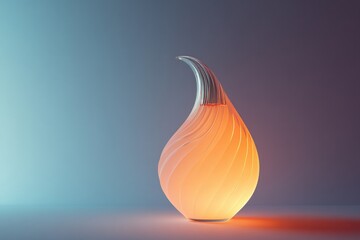 creative 3d display of unique perfume bottle shaped like teardrop glowing softly against solid gradient background