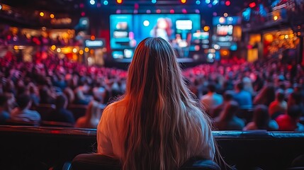 Woman watching a speaker at a large conference.