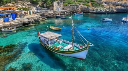 Obraz premium Traditional Fishing Boat in Crystal Clear Mediterranean Sea, clear water, turquoise water, crystal clear water, ocean, harbor