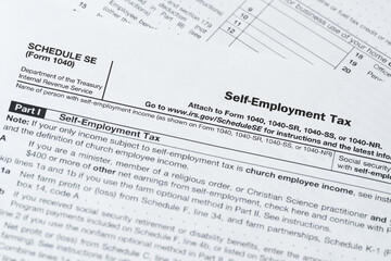 Schedule SE, Self-Employment Tax Form 1040, IRS Tax Document Close-Up
