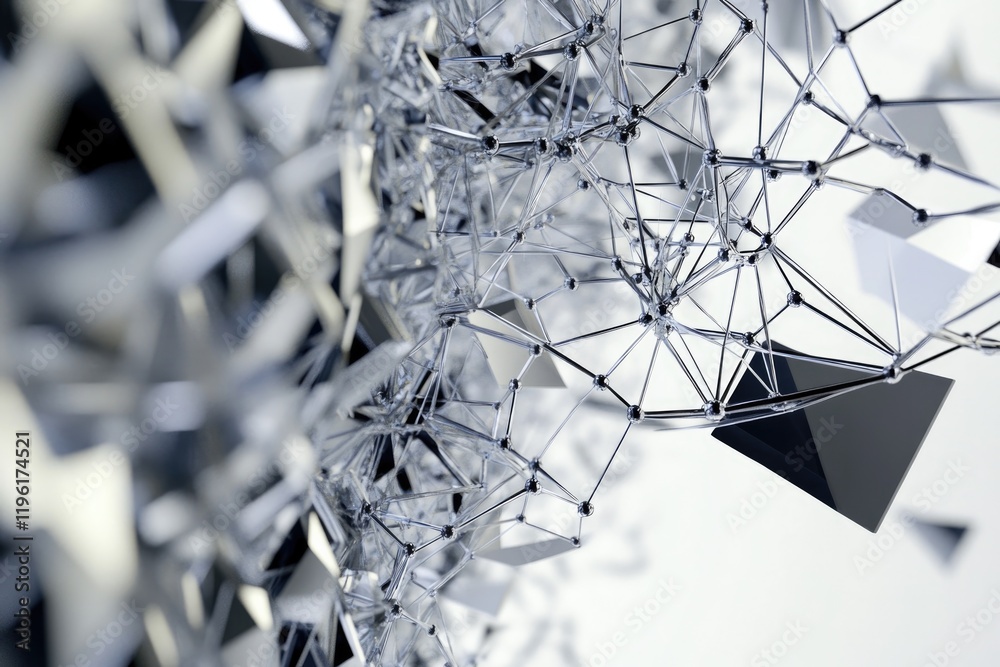 Poster dynamic display of interconnected geometric shapes forming abstract neural network symbolizing thoug